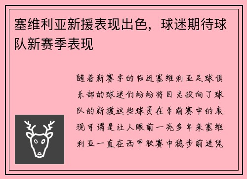 塞维利亚新援表现出色，球迷期待球队新赛季表现